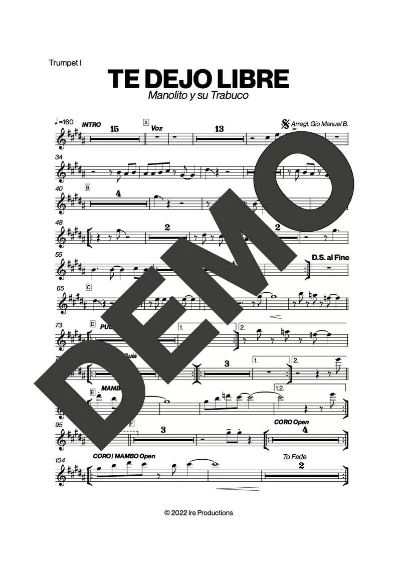Manolito y su Trabuco – Te Dejo Libre – Sheet Music Demo Page 1 (PDF) – Includes charts for Trumpets, Trombones, Saxophone, Piano and Bass