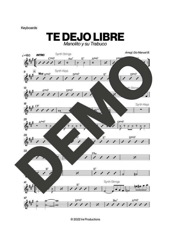 Manolito y su Trabuco – Te Dejo Libre – Sheet Music Demo Page 4 (PDF) – Includes charts for Trumpets, Trombones, Saxophone, Piano and Bass