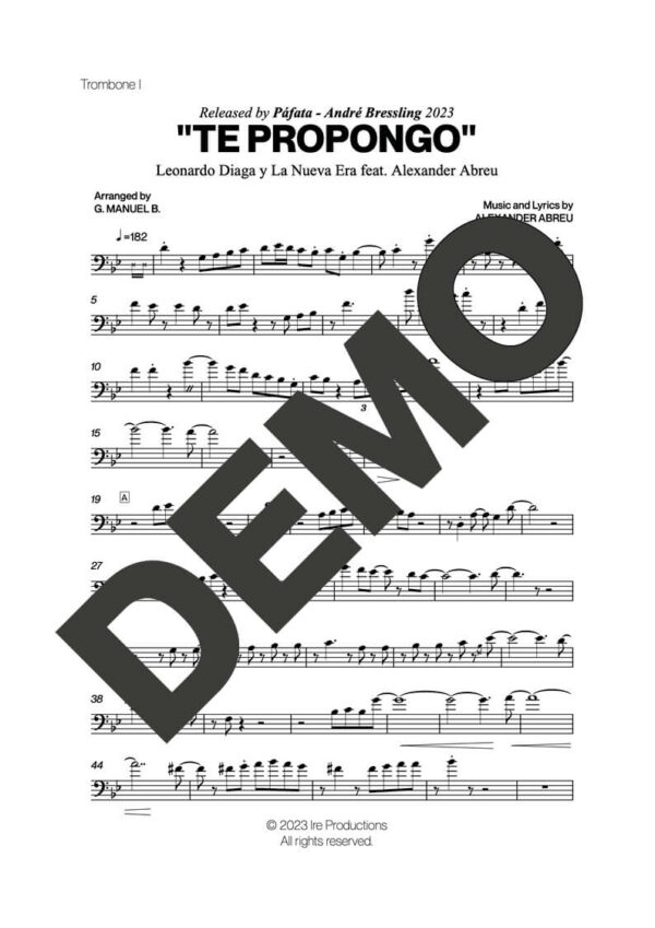 Alexander Abreu – Te Propongo – Sheet Music Demo Page 1 (PDF) – Includes charts for Trumpets, Trombones, Saxophone, Piano and Bass