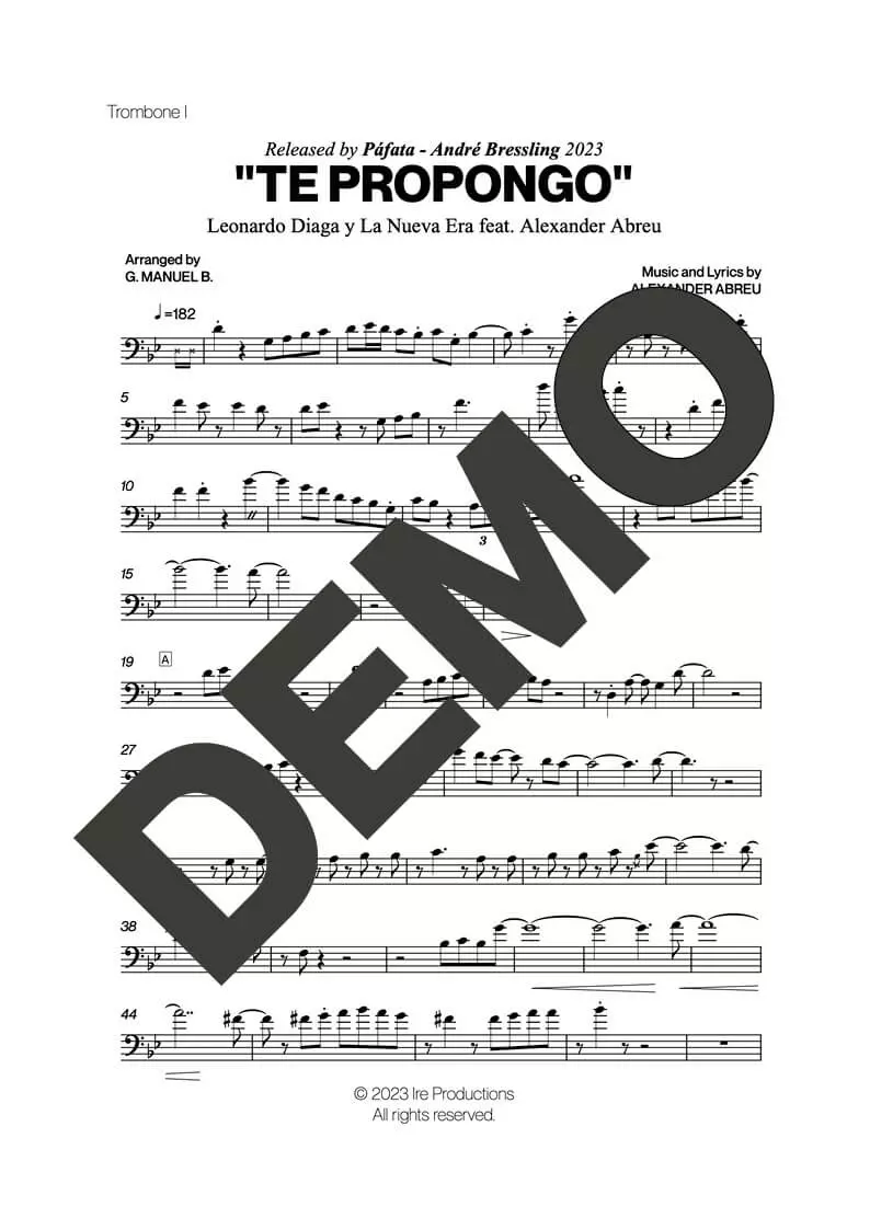 Alexander Abreu – Te Propongo – Sheet Music Demo Page 1 (PDF) – Includes charts for Trumpets, Trombones, Saxophone, Piano and Bass