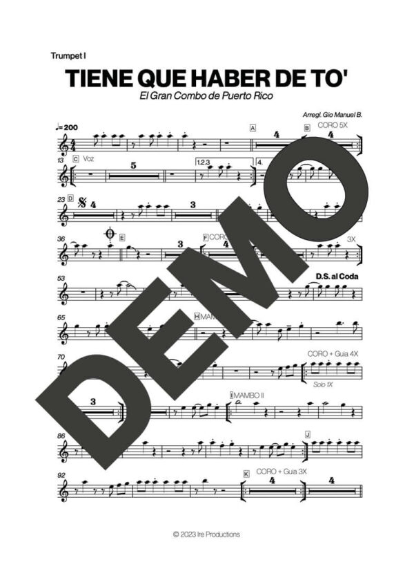 El Gran Combo de Puerto Rico – Tiene Que Haber de To' – Sheet Music Demo Page 2 (PDF) – Includes charts for Trumpets, Trombones, Saxophone, Piano and Bass