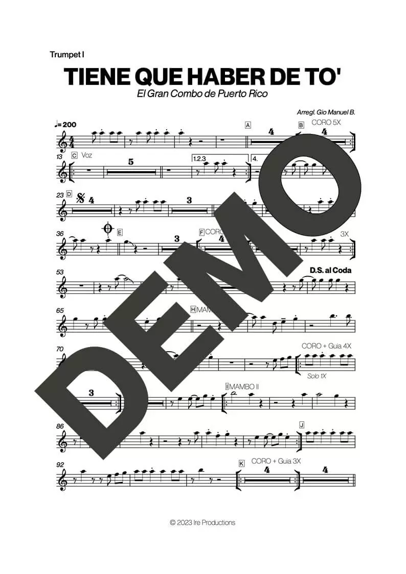 El Gran Combo de Puerto Rico – Tiene Que Haber de To' – Sheet Music Demo Page 2 (PDF) – Includes charts for Trumpets, Trombones, Saxophone, Piano and Bass
