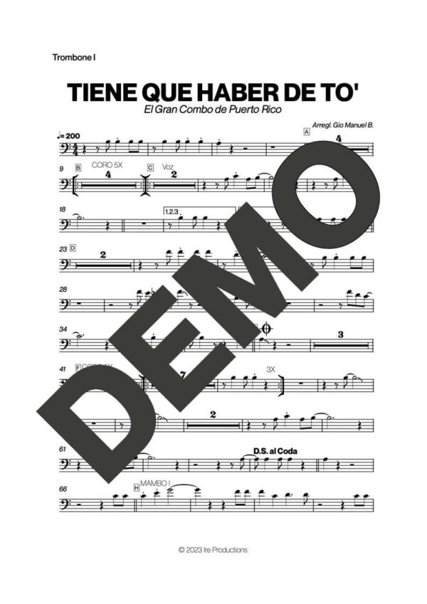 El Gran Combo de Puerto Rico – Tiene Que Haber de To' – Sheet Music Demo Page 3 (PDF) – Includes charts for Trumpets, Trombones, Saxophone, Piano and Bass