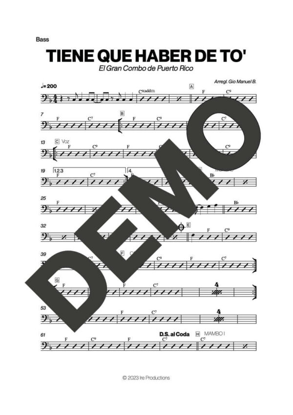 El Gran Combo de Puerto Rico – Tiene Que Haber de To' – Sheet Music Demo Page 5 (PDF) – Includes charts for Trumpets, Trombones, Saxophone, Piano and Bass