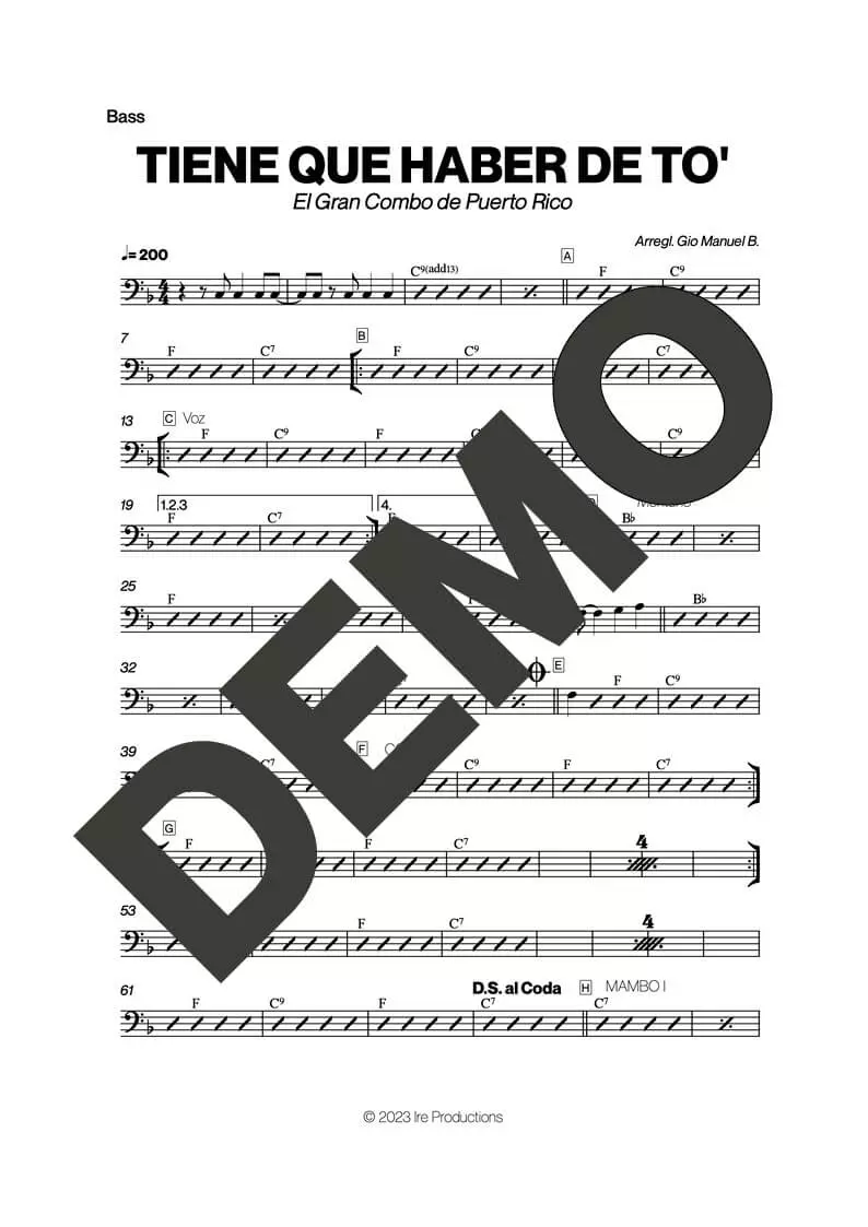 El Gran Combo de Puerto Rico – Tiene Que Haber de To' – Sheet Music Demo Page 5 (PDF) – Includes charts for Trumpets, Trombones, Saxophone, Piano and Bass