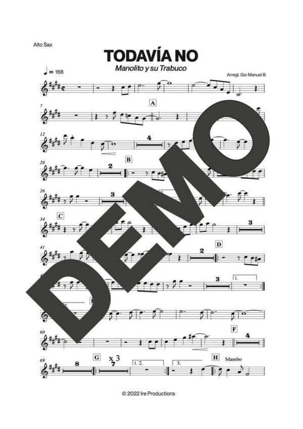 Manolito y su Trabuco – Todavía No – First Page of Sheet Music Preview (PDF) – Includes charts for Trumpets, Trombones, Saxophone, Piano and Bass
