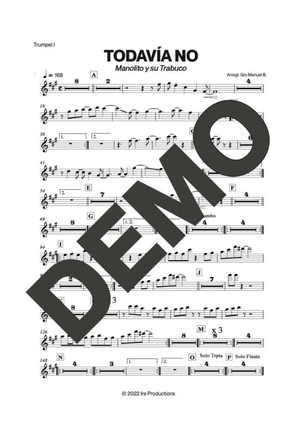 Manolito y su Trabuco – Todavía No – Sheet Music Demo Page 1 (PDF) – Includes charts for Trumpets, Trombones, Saxophone, Piano and Bass