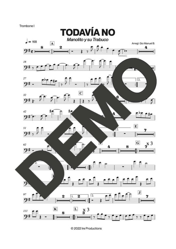Manolito y su Trabuco – Todavía No – Sheet Music Demo Page 2 (PDF) – Includes charts for Trumpets, Trombones, Saxophone, Piano and Bass