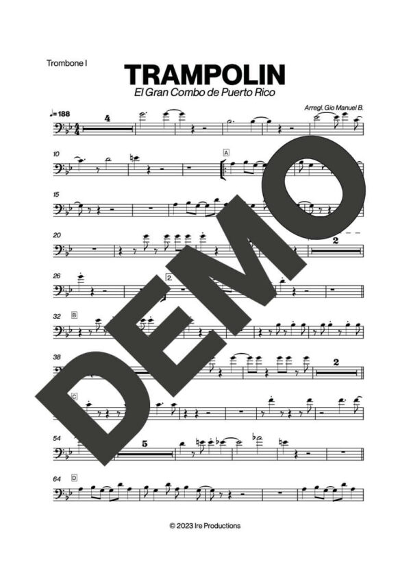 El Gran Combo de Puerto Rico – Trampolin – Sheet Music Demo Page 2 (PDF) – Includes charts for Trumpets, Trombones, Saxophone, Piano and Bass
