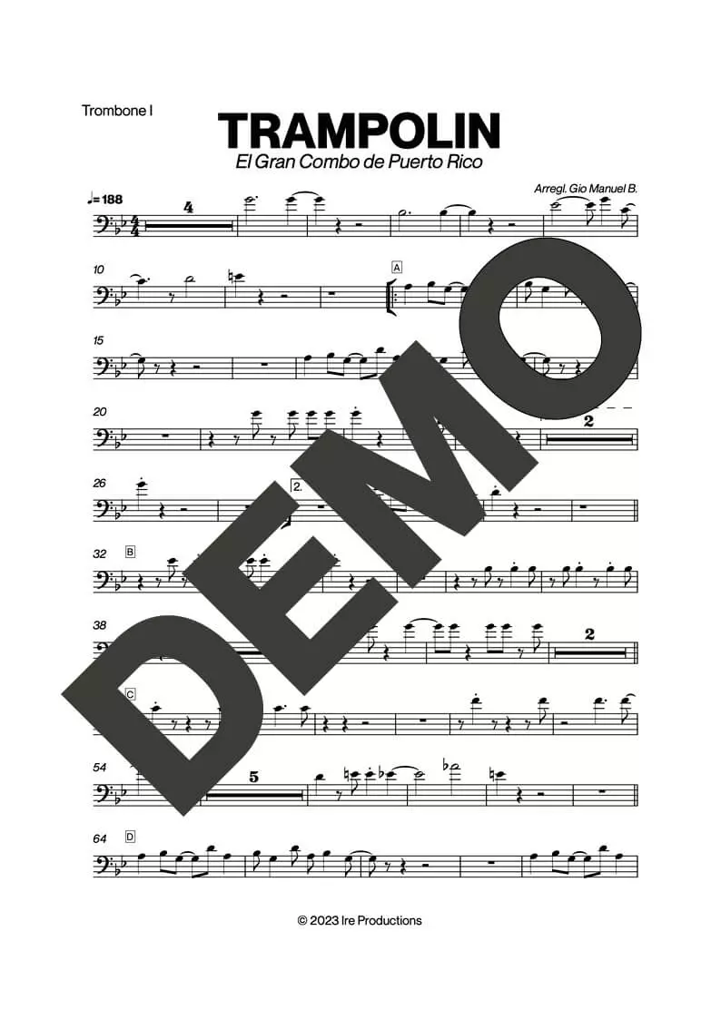 El Gran Combo de Puerto Rico – Trampolin – Sheet Music Demo Page 2 (PDF) – Includes charts for Trumpets, Trombones, Saxophone, Piano and Bass
