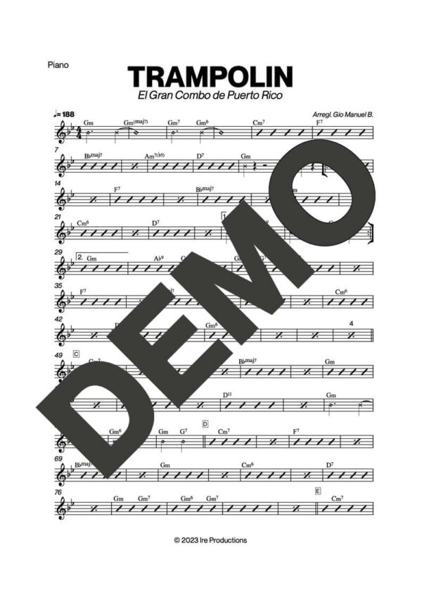 El Gran Combo de Puerto Rico – Trampolin – Sheet Music Demo Page 3 (PDF) – Includes charts for Trumpets, Trombones, Saxophone, Piano and Bass