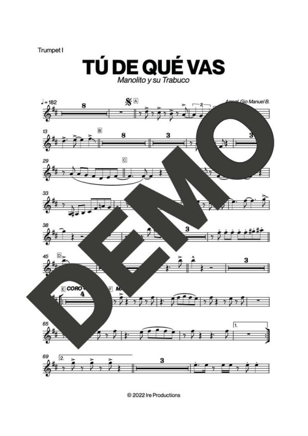 Manolito y su Trabuco – Tú de Qué Vas – Sheet Music Demo Page 1 (PDF) – Includes charts for Trumpets, Trombones, Saxophone, Piano and Bass