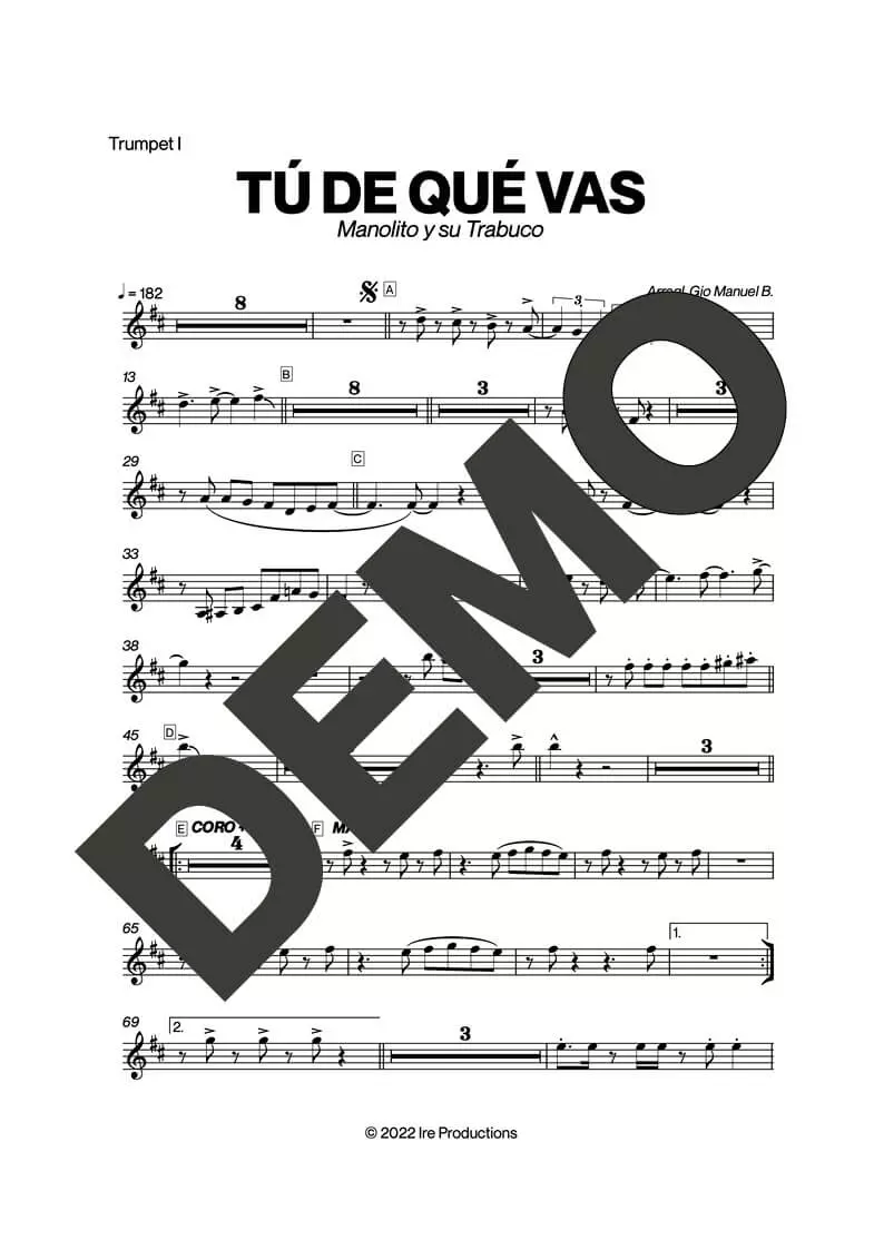 Manolito y su Trabuco – Tú de Qué Vas – Sheet Music Demo Page 1 (PDF) – Includes charts for Trumpets, Trombones, Saxophone, Piano and Bass