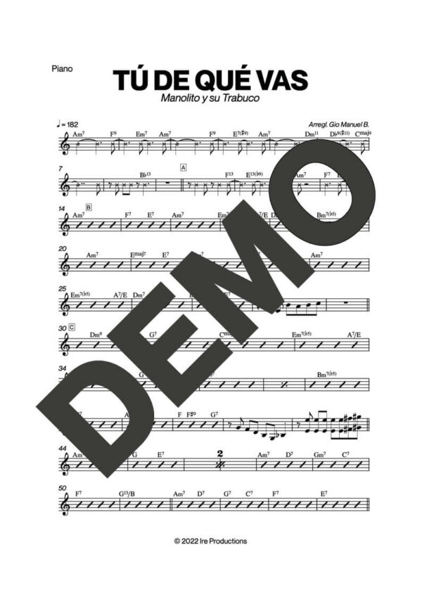 Manolito y su Trabuco – Tú de Qué Vas – Sheet Music Demo Page 3 (PDF) – Includes charts for Trumpets, Trombones, Saxophone, Piano and Bass