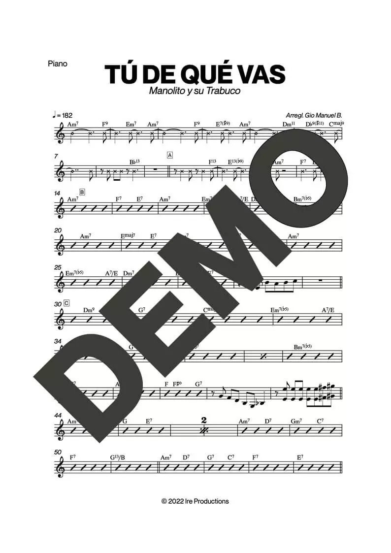Manolito y su Trabuco – Tú de Qué Vas – Sheet Music Demo Page 3 (PDF) – Includes charts for Trumpets, Trombones, Saxophone, Piano and Bass