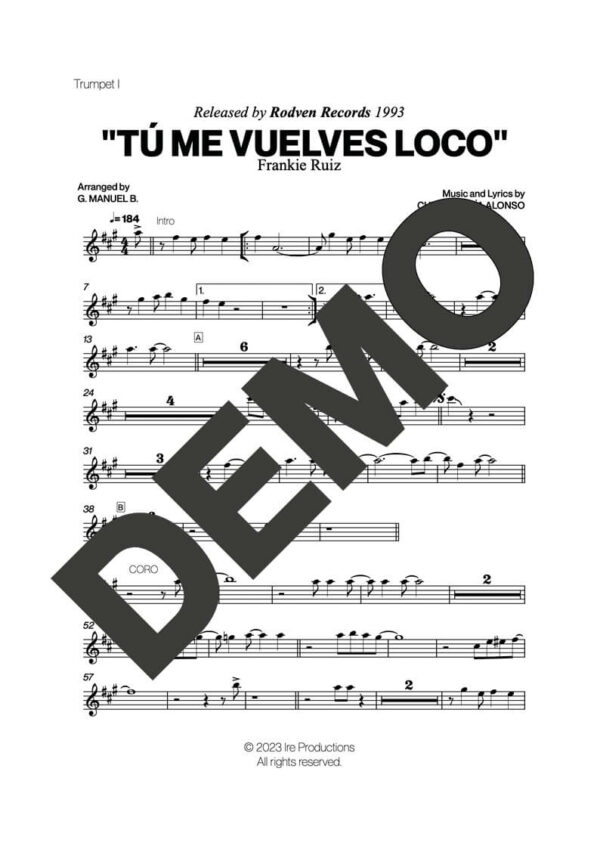 Frankie Ruiz – Tú Me Vuelves Loco – First Page of Sheet Music Preview (PDF) – Includes charts for Trumpets, Trombones, Saxophone, Piano and Bass