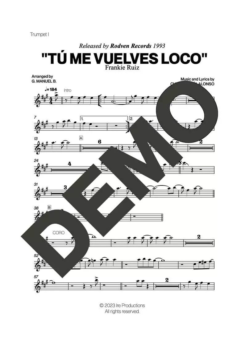 Frankie Ruiz – Tú Me Vuelves Loco – First Page of Sheet Music Preview (PDF) – Includes charts for Trumpets, Trombones, Saxophone, Piano and Bass