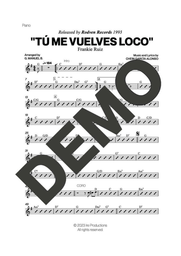 Frankie Ruiz – Tú Me Vuelves Loco – Sheet Music Demo Page 3 (PDF) – Includes charts for Trumpets, Trombones, Saxophone, Piano and Bass