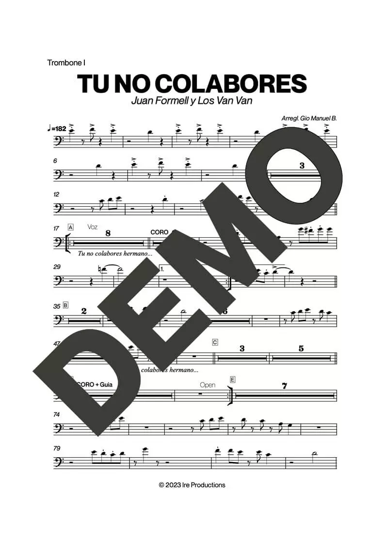 Los Van Van – Tu No Colabores (Si No Es Contigo) – Sheet Music Demo Page 1 (PDF) – Includes charts for Trumpets, Trombones, Saxophone, Piano and Bass