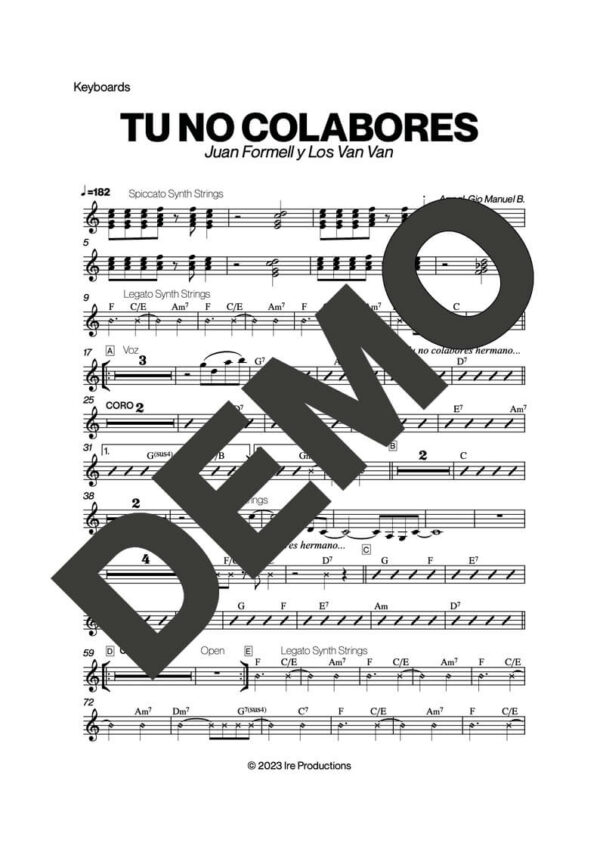 Los Van Van – Tu No Colabores (Si No Es Contigo) – Sheet Music Demo Page 4 (PDF) – Includes charts for Trumpets, Trombones, Saxophone, Piano and Bass