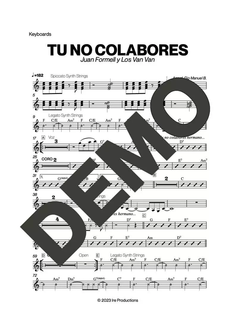 Los Van Van – Tu No Colabores (Si No Es Contigo) – Sheet Music Demo Page 4 (PDF) – Includes charts for Trumpets, Trombones, Saxophone, Piano and Bass