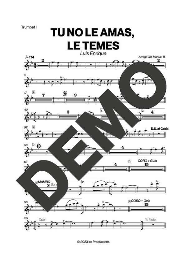 Luis Enrique – Tu No Le Amas, Le Temes – First Page of Sheet Music Preview (PDF) – Includes charts for Trumpets, Trombones, Saxophone, Piano and Bass