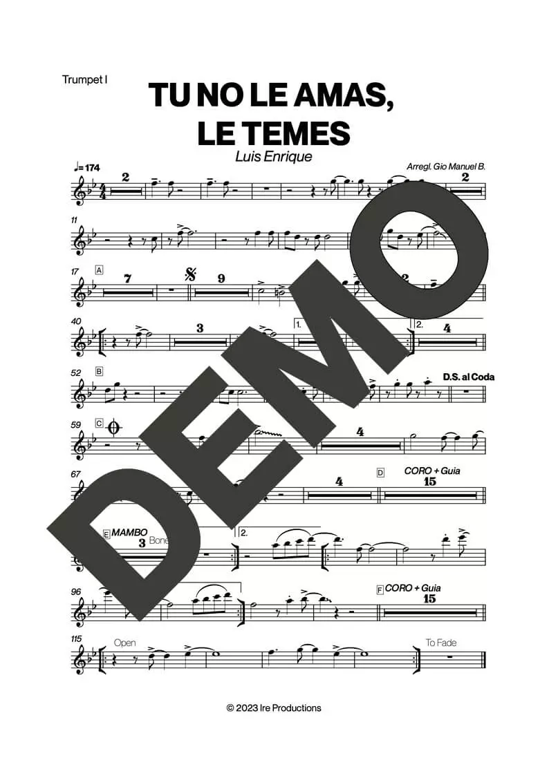 Luis Enrique – Tu No Le Amas, Le Temes – First Page of Sheet Music Preview (PDF) – Includes charts for Trumpets, Trombones, Saxophone, Piano and Bass