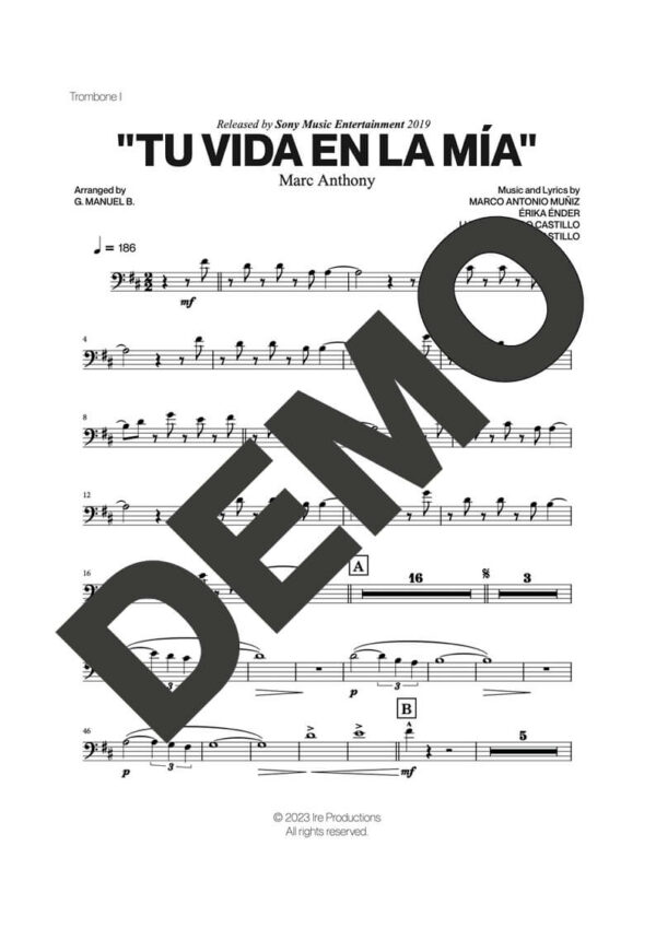 Marc Anthony – Tu Vida En La Mía – Sheet Music Demo Page 1 (PDF) – Includes charts for Trumpets, Trombones, Saxophone, Piano and Bass