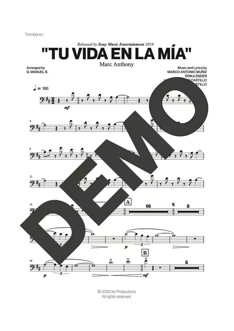 Marc Anthony – Tu Vida En La Mía – Sheet Music Demo Page 1 (PDF) – Includes charts for Trumpets, Trombones, Saxophone, Piano and Bass