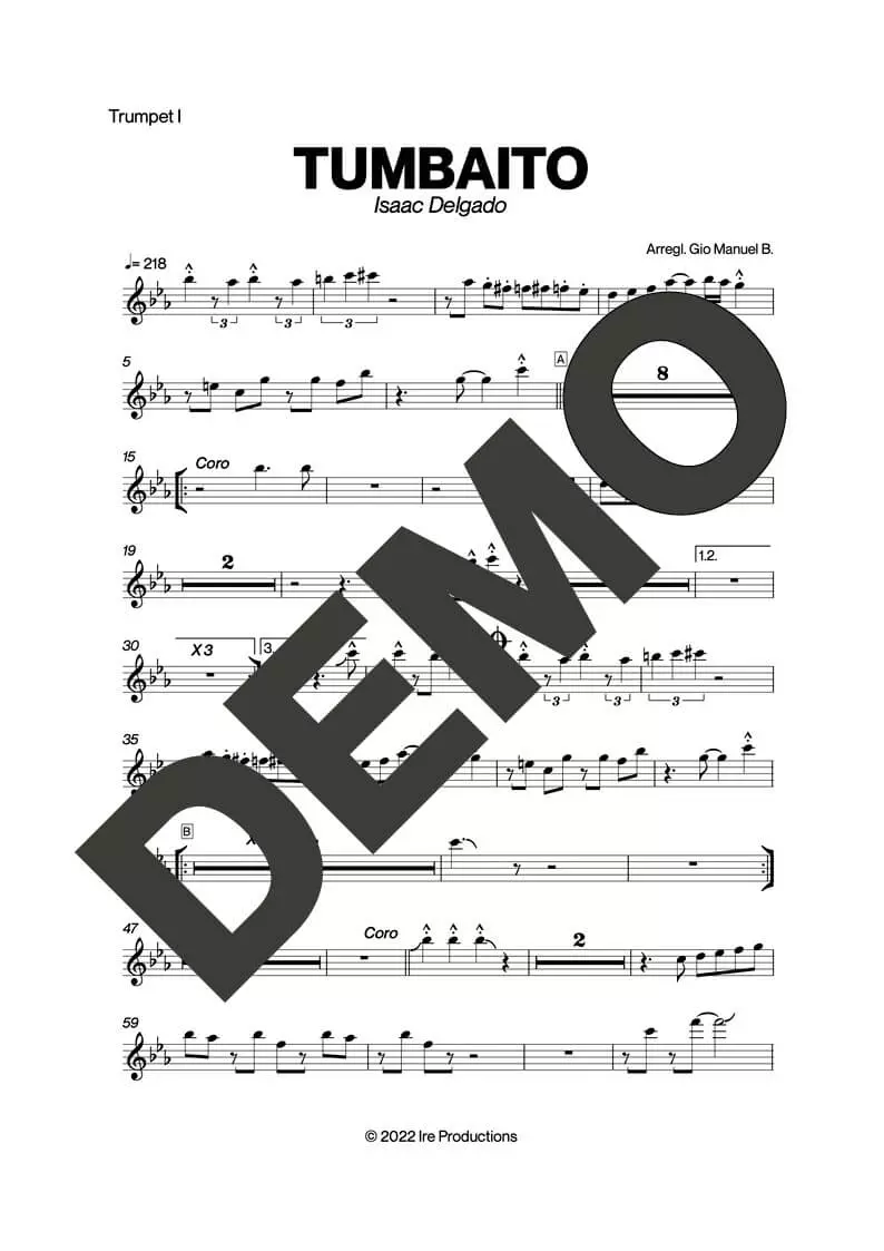 Issac Delgado – Tumbaito – Sheet Music Demo Page 1 (PDF) – Includes charts for Trumpets, Trombones, Saxophone, Piano and Bass