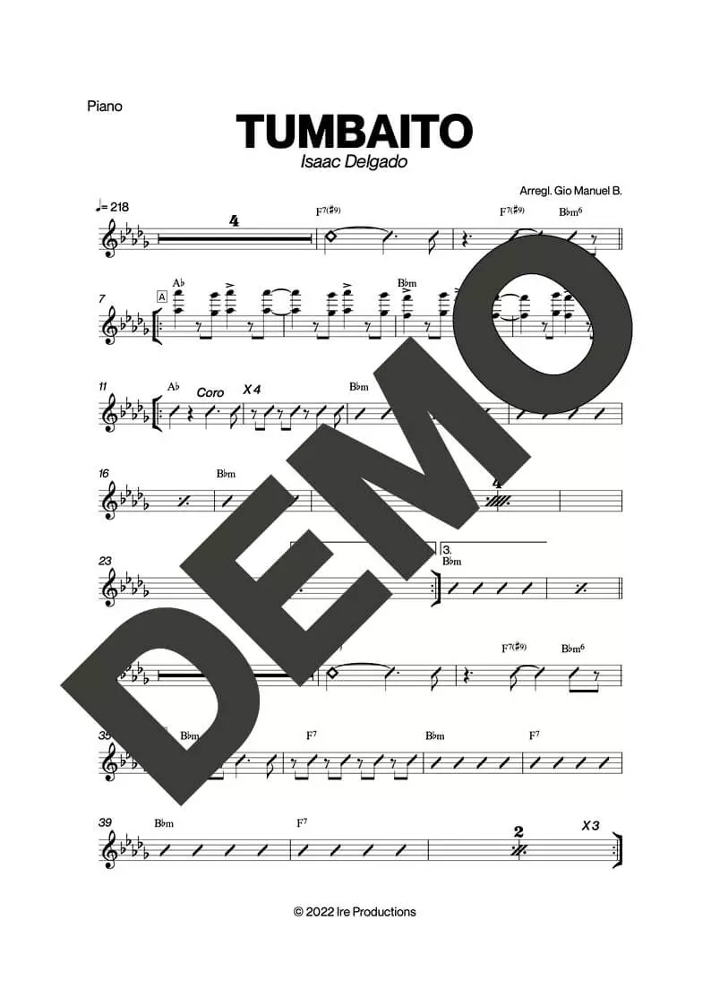 Issac Delgado – Tumbaito – Sheet Music Demo Page 3 (PDF) – Includes charts for Trumpets, Trombones, Saxophone, Piano and Bass