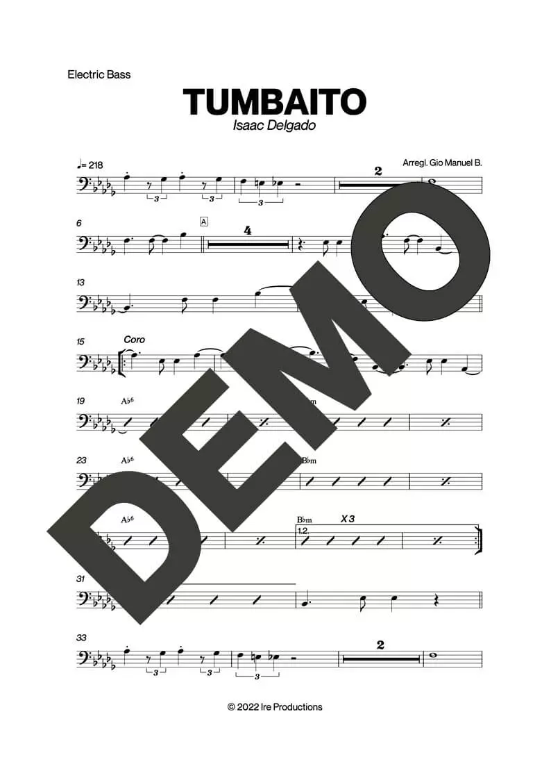 Issac Delgado – Tumbaito – Sheet Music Demo Page 5 (PDF) – Includes charts for Trumpets, Trombones, Saxophone, Piano and Bass