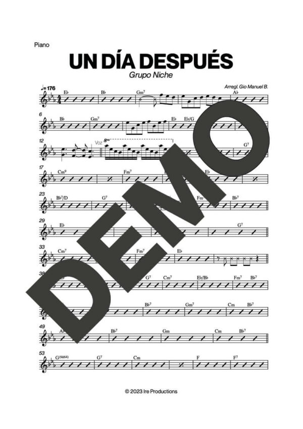 Grupo Niche – Un Día Después – Sheet Music Demo Page 2 (PDF) – Includes charts for Trumpets, Trombones, Saxophone, Piano and Bass
