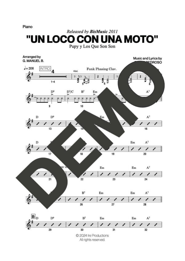 Pupy y Los Que Son Son – Un Loco Con una Moto – Sheet Music Demo Page 2 (PDF) – Includes charts for Trumpets, Trombones, Saxophone, Piano and Bass