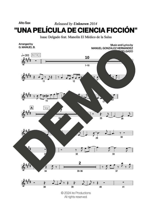 Issac Delgado|Manolín El Médico de la Salsa – Una Película de Ciencia Ficción – First Page of Sheet Music Preview (PDF) – Includes charts for Trumpets, Trombones, Saxophone, Piano and Bass