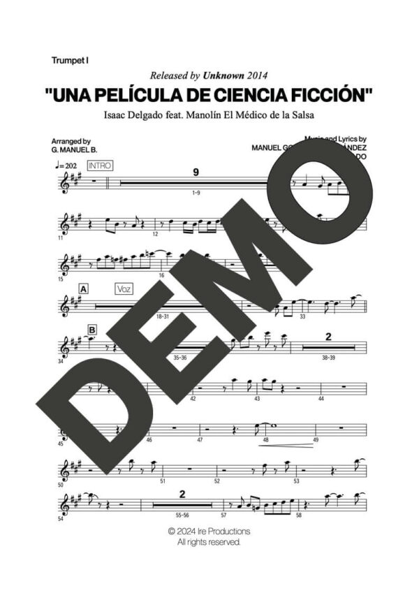 Issac Delgado|Manolín El Médico de la Salsa – Una Película de Ciencia Ficción – Sheet Music Demo Page 1 (PDF) – Includes charts for Trumpets, Trombones, Saxophone, Piano and Bass