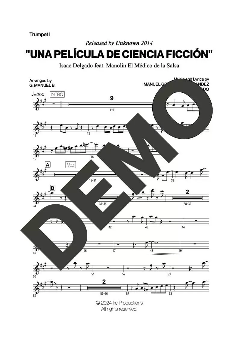 Issac Delgado|Manolín El Médico de la Salsa – Una Película de Ciencia Ficción – Sheet Music Demo Page 1 (PDF) – Includes charts for Trumpets, Trombones, Saxophone, Piano and Bass