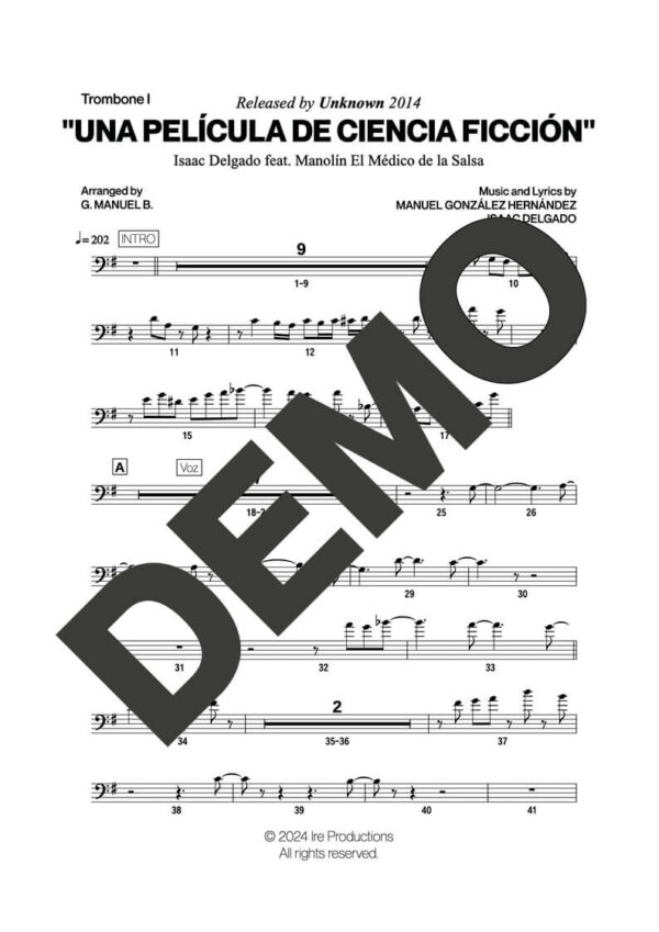 Issac Delgado|Manolín El Médico de la Salsa – Una Película de Ciencia Ficción – Sheet Music Demo Page 2 (PDF) – Includes charts for Trumpets, Trombones, Saxophone, Piano and Bass
