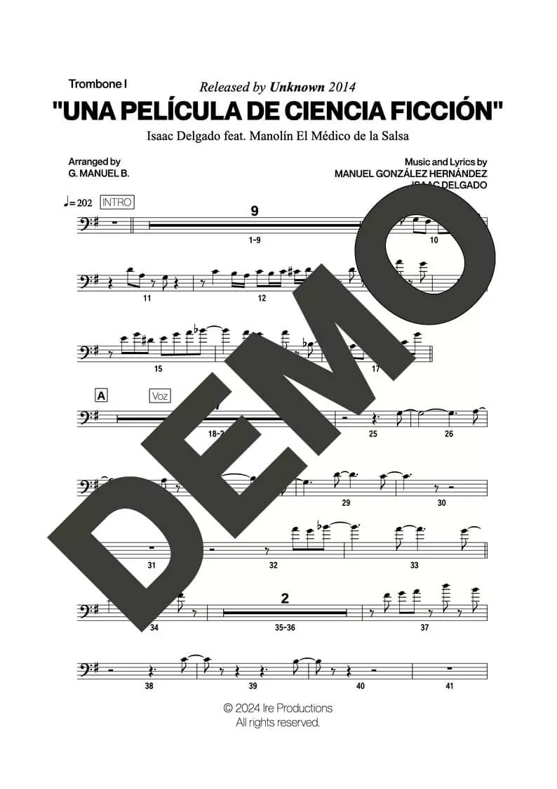 Issac Delgado|Manolín El Médico de la Salsa – Una Película de Ciencia Ficción – Sheet Music Demo Page 2 (PDF) – Includes charts for Trumpets, Trombones, Saxophone, Piano and Bass