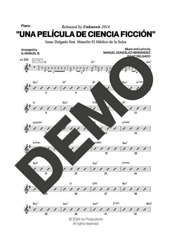 Issac Delgado|Manolín El Médico de la Salsa – Una Película de Ciencia Ficción – Sheet Music Demo Page 3 (PDF) – Includes charts for Trumpets, Trombones, Saxophone, Piano and Bass