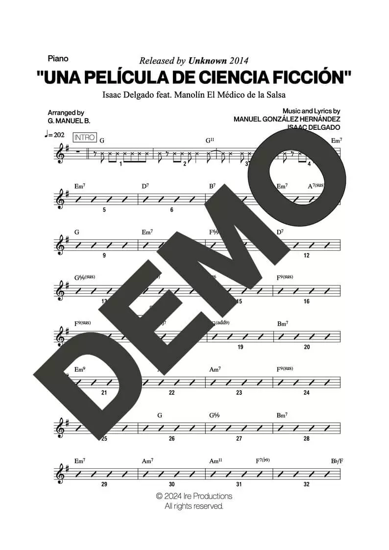 Issac Delgado|Manolín El Médico de la Salsa – Una Película de Ciencia Ficción – Sheet Music Demo Page 3 (PDF) – Includes charts for Trumpets, Trombones, Saxophone, Piano and Bass