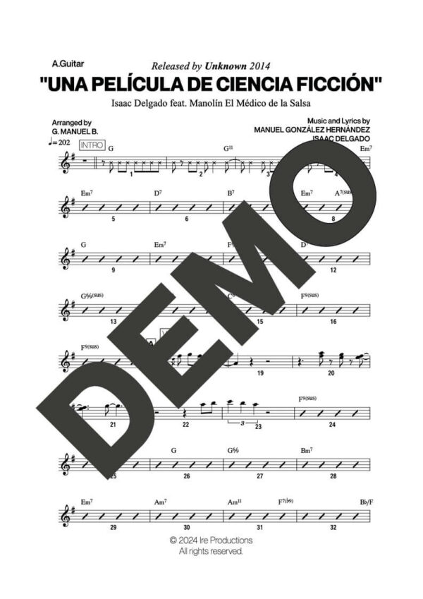 Issac Delgado|Manolín El Médico de la Salsa – Una Película de Ciencia Ficción – Sheet Music Demo Page 4 (PDF) – Includes charts for Trumpets, Trombones, Saxophone, Piano and Bass