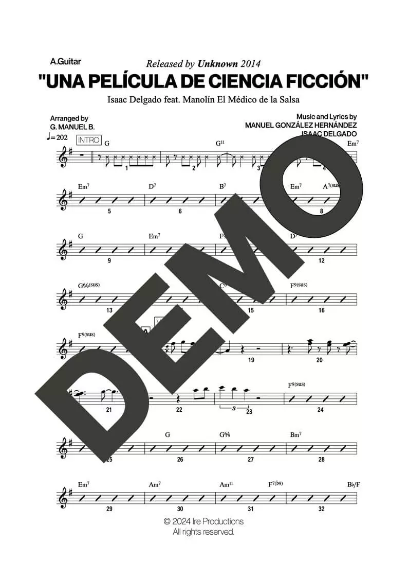 Issac Delgado|Manolín El Médico de la Salsa – Una Película de Ciencia Ficción – Sheet Music Demo Page 4 (PDF) – Includes charts for Trumpets, Trombones, Saxophone, Piano and Bass