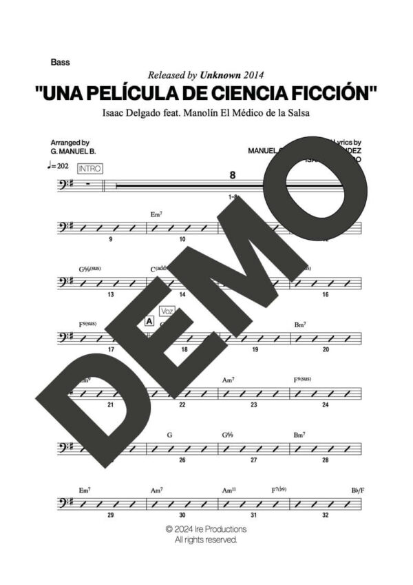Issac Delgado|Manolín El Médico de la Salsa – Una Película de Ciencia Ficción – Sheet Music Demo Page 5 (PDF) – Includes charts for Trumpets, Trombones, Saxophone, Piano and Bass