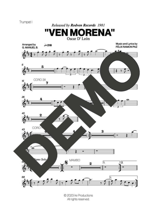 Oscar D' León – Ven Morena – First Page of Sheet Music Preview (PDF) – Includes charts for Trumpets, Trombones, Saxophone, Piano and Bass