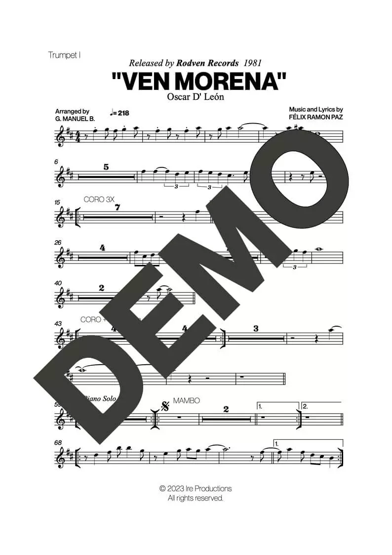 Oscar D' León – Ven Morena – First Page of Sheet Music Preview (PDF) – Includes charts for Trumpets, Trombones, Saxophone, Piano and Bass