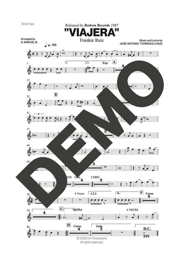 Frankie Ruiz – Viajera – First Page of Sheet Music Preview (PDF) – Includes charts for Trumpets, Trombones, Saxophone, Piano and Bass