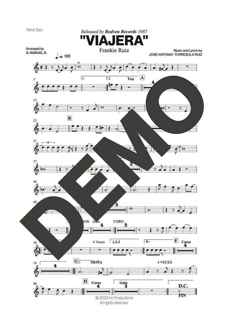 Frankie Ruiz – Viajera – First Page of Sheet Music Preview (PDF) – Includes charts for Trumpets, Trombones, Saxophone, Piano and Bass