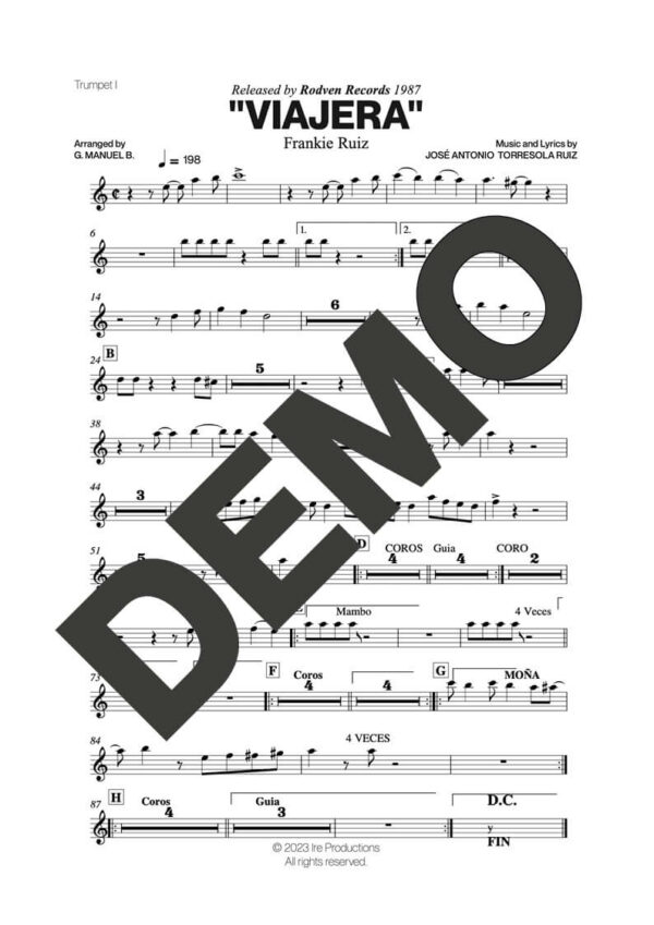Frankie Ruiz – Viajera – Sheet Music Demo Page 1 (PDF) – Includes charts for Trumpets, Trombones, Saxophone, Piano and Bass