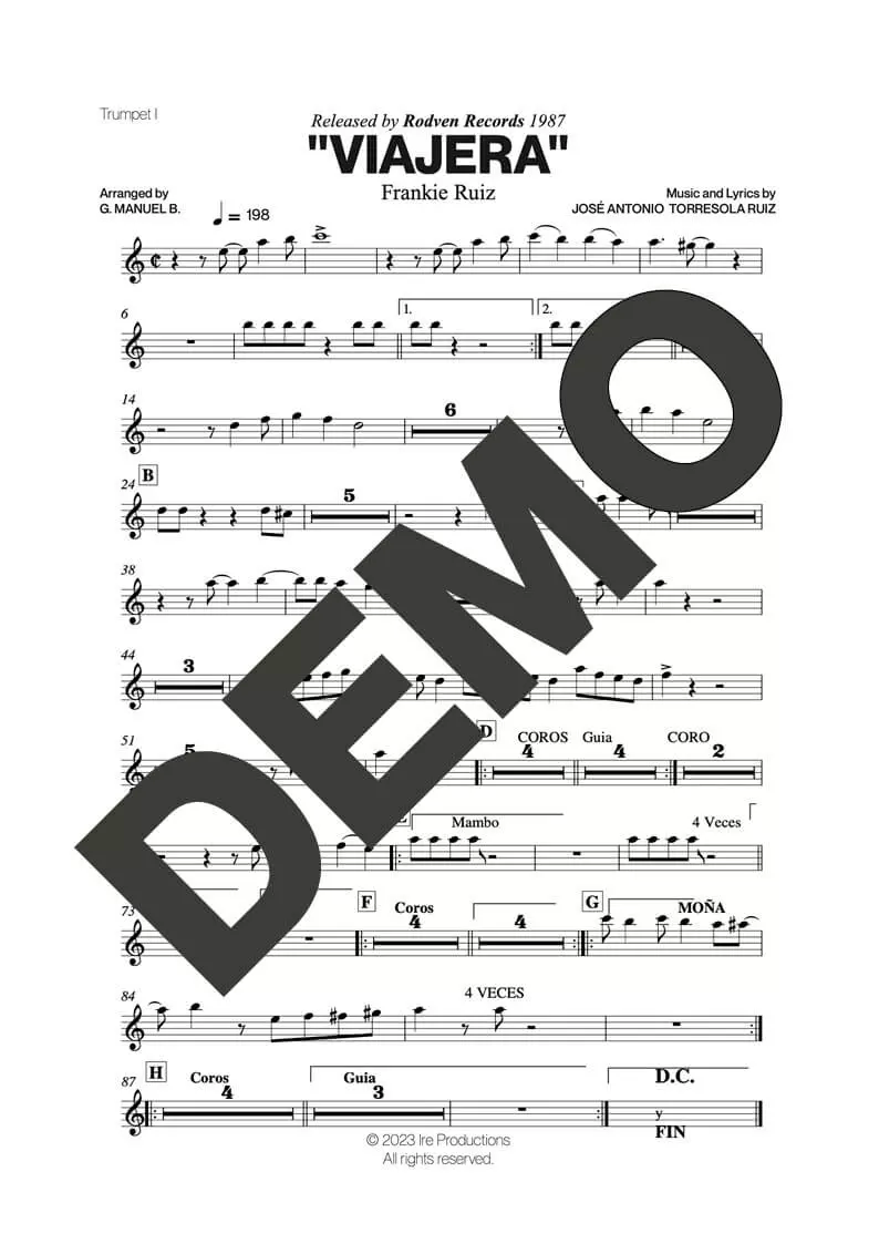 Frankie Ruiz – Viajera – Sheet Music Demo Page 1 (PDF) – Includes charts for Trumpets, Trombones, Saxophone, Piano and Bass